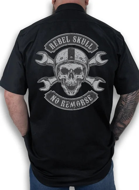 Camisa Workshirt Preta Rebel Skull 1% MC Mecânico Old School No Remorse