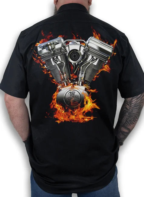 Camisa Workshirt Preta Custom Motor Fire V-Twin No Remorse
