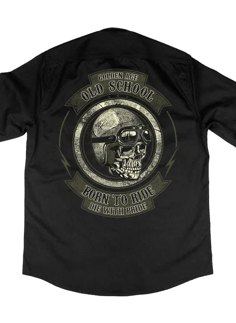 o Camisa Workshirt Preta Custom Mecânico Old School Born To Ride No Remorse