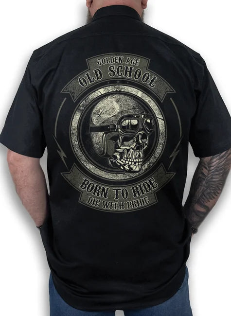 o Camisa Workshirt Preta Custom Mecânico Old School Born To Ride No Remorse