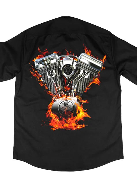 Camisa Workshirt Preta Custom Motor Fire V-Twin No Remorse