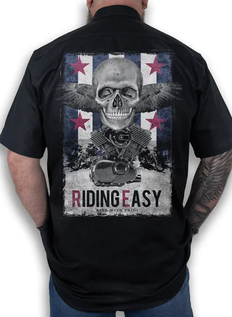 Camisa Workshirt Preta Custom Eiding Easy Ride With Pride Skull V- twin No Remorse