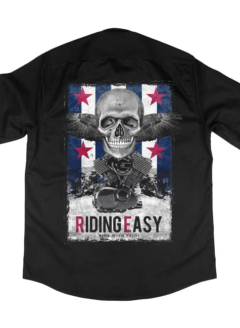 Camisa Workshirt Preta Custom Eiding Easy Ride With Pride Skull V- twin No Remorse